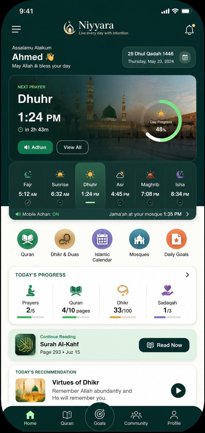 Niyyara app home dashboard showing prayer times, Quran, goals and mosque tools